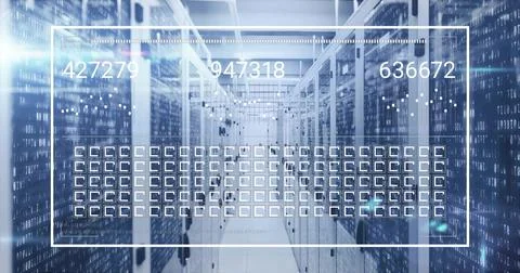 Long narrow server rack corridor showing binary code overlays in data center, Stock Illustration