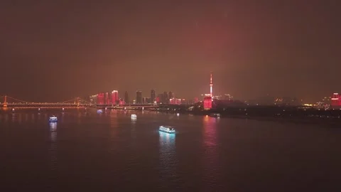 Long night light view along the Yangtze riverbanks in Wuhan Stock Footage 347241264