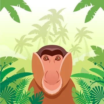 Long-nosed monkey on the Jungle Background Stock Illustration