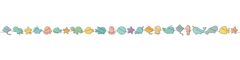 Long one-line illustration of assorted cute sea animals. Colorful minimalist 스톡 일러스트