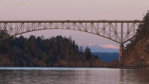 Long Pan shot of Bridge over Deception Pass Stock Footage 87238889