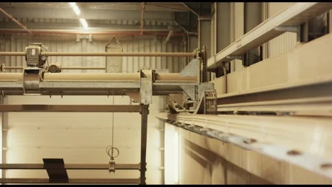 Long Panels Moving on Conveyor Line, Industrial Production Hall, Wide Shot Vídeo Stock 341436567