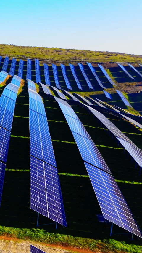Long perspective of solar panels at low sun angle Vertical video. Stock Footage 332347062
