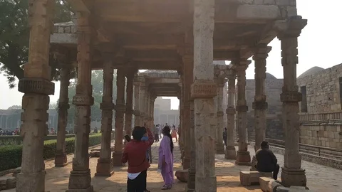 Long pillared corridor at Qutub Minar complex, Delhi Stock Footage 87152514