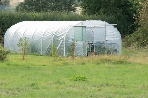 Long polytunnel in a field Stock Photos