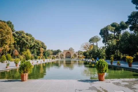 A long pool in front of the ancient Chehel Sotoun palace. Isfahan, Iran. Stock Photos