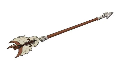 Long primitive spear with stone arrowhead feather decorations and wooden Stock Illustration