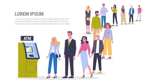 Long queue to ATM. Bank machine, automatic financal Stock Illustration