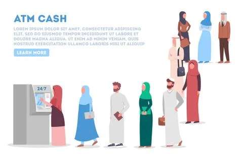 Long queue to ATM. Muslim people standing in queue to ATM. Illustrazione stock