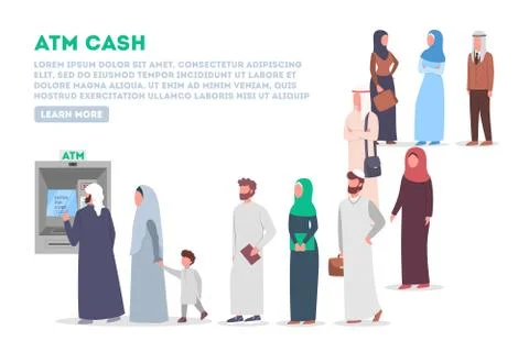 Long queue to ATM. Muslim people standing in queue to ATM. Stock Illustration