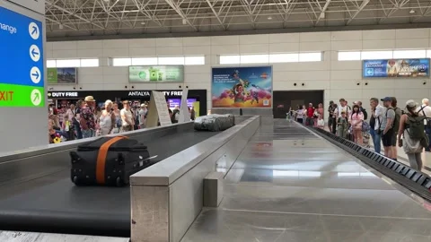 Long Queue at Baggage Claim Area in an International Airport During Peak Travel Stock Footage 312611692