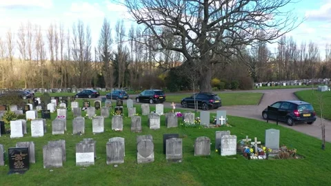LONG QUEUE BLACK VEHICLES MOVING SLOWLY AT THE CEMETERY, AERIAL Stock Footage 150759376