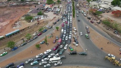 A long queue of cars,vehicles,High traffic and congestion in Nigeria Africa Stock-Footage 188312695