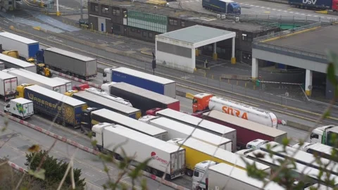 Long queue of commercial semi trucks and freight trailers waiting at industrial 库存影片 346505550