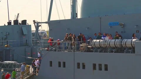 Long Queue of Curious Visitors Touring the German Navy Ship Alster Stock Footage 276276676