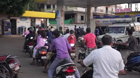 Long queue at the gas station. Fuel crisis and fuel shortage concept. Stock Footage 146376260