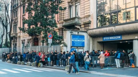 A long queue for the Immigration Office in Milan, Italy Stock Photos