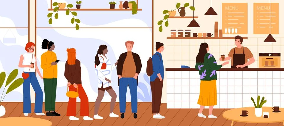 Long queue of people waiting for coffee from barista at counter in coffee shop Stockillustratie