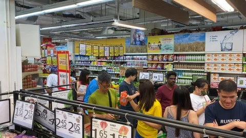 Long Queue at Supermarket during Food Run Stock Footage 126425129