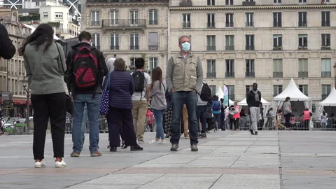 Long queue for temporary Covid-19 coronavirus test center in Paris, France Stock Footage 139613583