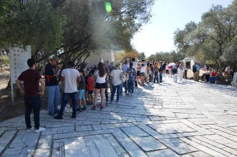 Long queue for tickets to the Acropolis Stock Photos