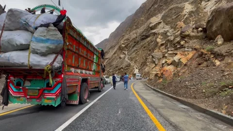Long queue of trucks and tourist vehicles stuck on JSR Road due to land slide Stock Footage 301380612