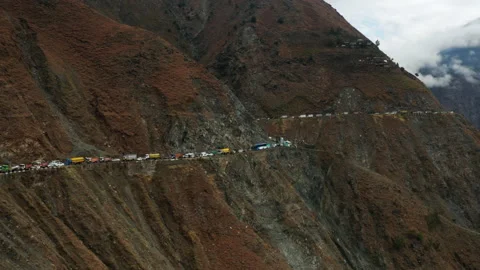 Long Queue Of Vehicles On Mountain Pass Due To Landslide In Karakoram Stock Footage 152908400