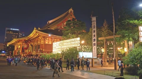 Long Queue of Visitors Before Illuminated Shrine Hall and Festival Banners Stock Footage 336287913