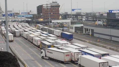 Long queues of freight trucks and semi-trailers waiting at a busy international 스톡 동영상 346505525