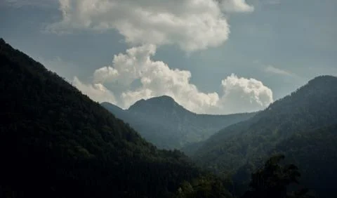 Long range shot of forested mountains with cloudy sky Stock Photos