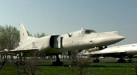 Long-range supersonic missile-carrying bomber with variable sweep wing Tu-22M. Stock Footage 172486462
