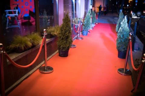 Long red carpet between rope barriers on entrance. Stock Photos