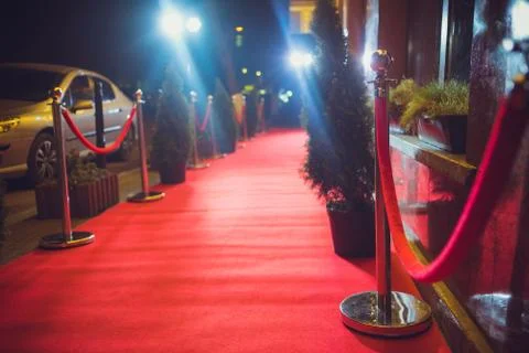 Long red carpet between rope barriers on entrance. Stock Photos