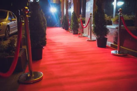 Long red carpet between rope barriers on entrance. Stock Photos