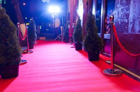 Long red carpet between rope barriers on entrance. Stock Photos