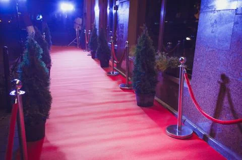 Long red carpet between rope barriers on entrance. Stock Photos