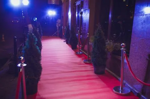 Long red carpet between rope barriers on entrance. Stock Photos