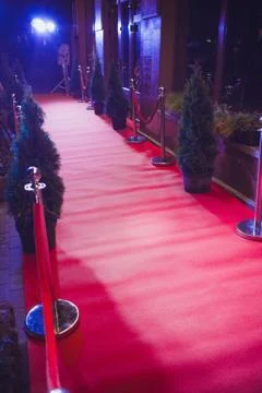Long red carpet between rope barriers on entrance. Stock Photos