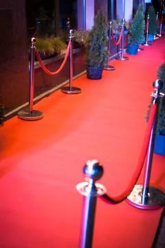 Long red carpet between rope barriers on entrance. Stock Photos