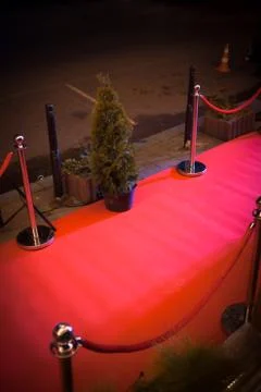 Long red carpet between rope barriers on entrance. Stock Photos