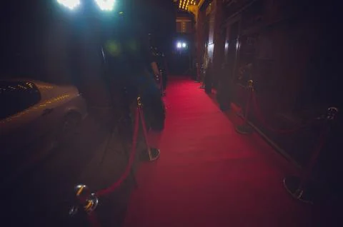 Long red carpet between rope barriers on entrance. Stock Photos