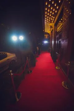 Long red carpet between rope barriers on entrance. Stock Photos