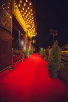 Long red carpet between rope barriers on entrance. Stock Photos