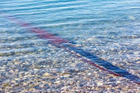 A long red object is floating in the water 写真素材
