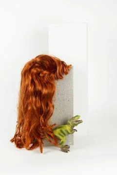 Long red wig cinder block and trex Stock Photos