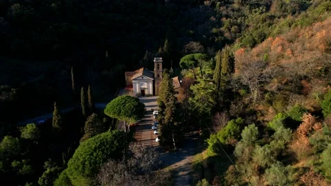 Long reverse-Aerial drone flight view Church Madonna del Bagno Tuscany Cast. Stock-Footage 190565986