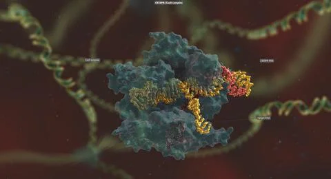 The long RNA backbone binds to the DNA, and the predesigned sequence guides C Illustrazione stock