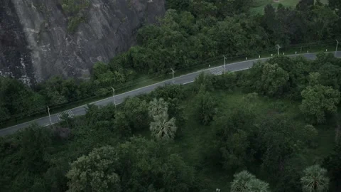 A long road cuts between rock mountains and green forests Stock Footage 221214730