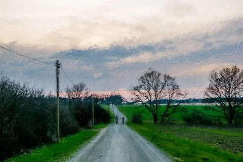 Long road with two lovers Illustrazione stock