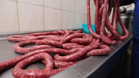 Long rope of raw sausage coiled onto stainless steel workbench table 動画素材 343349224